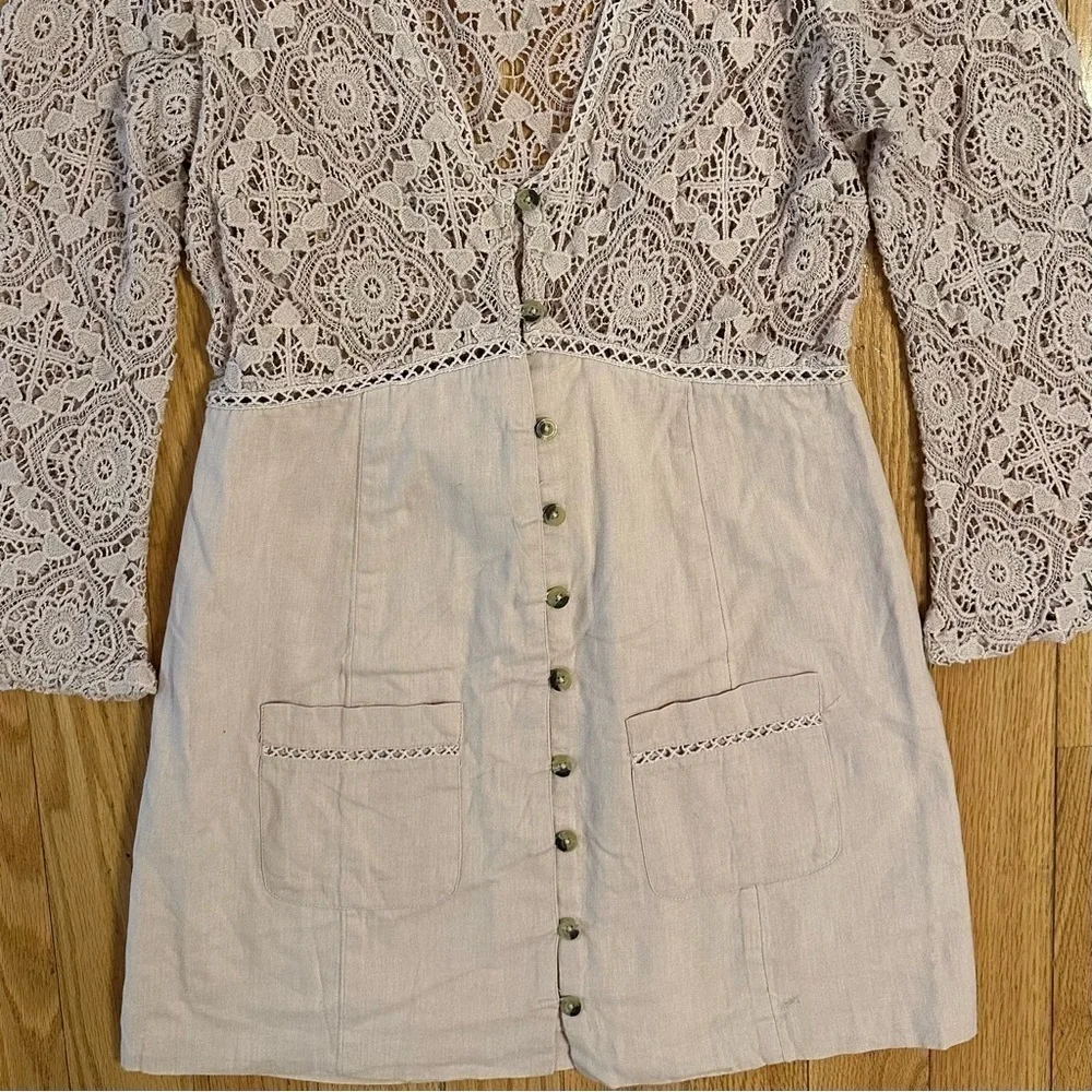 Free People Shrimpton Crochet Lace Mini Dress Pink Sz S bell sleeves boho hippie